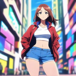 An anime-style young woman with an athletic build, standing confidently