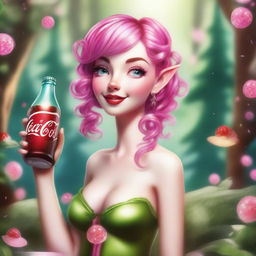 A whimsical elf nymph with vibrant pink hair holding a Coca Cola bottle