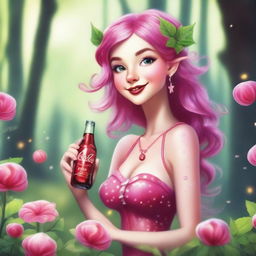 A whimsical elf nymph with vibrant pink hair holding a Coca Cola bottle