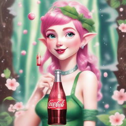 A whimsical elf nymph with vibrant pink hair holding a Coca Cola bottle