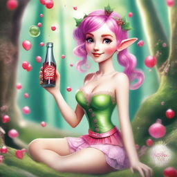 A whimsical elf nymph with vibrant pink hair holding a Coca Cola bottle