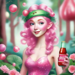 A whimsical elf nymph with a vibrant pink mullet holding a Coca Cola bottle