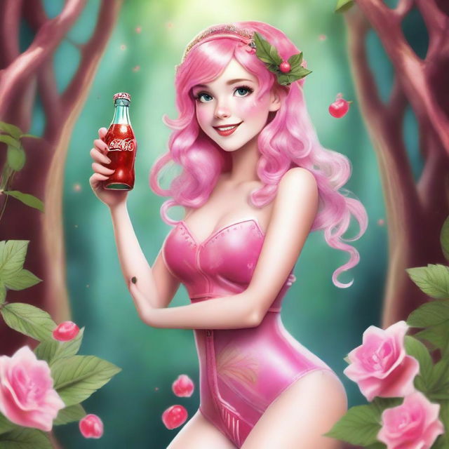 A whimsical elf nymph with a vibrant pink mullet holding a Coca Cola bottle