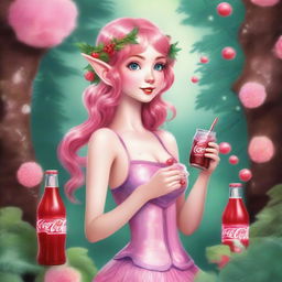 A whimsical elf nymph with a vibrant pink mullet holding a Coca Cola bottle