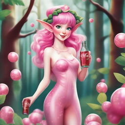 A whimsical elf nymph with a vibrant pink mullet holding a Coca Cola bottle