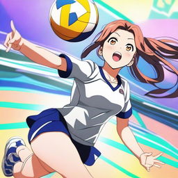 An anime girl wearing a volleyball uniform, featuring a dynamic pose that highlights her athletic build and confidence