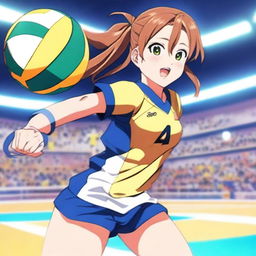 An anime girl wearing a volleyball uniform, featuring a dynamic pose that highlights her athletic build and confidence