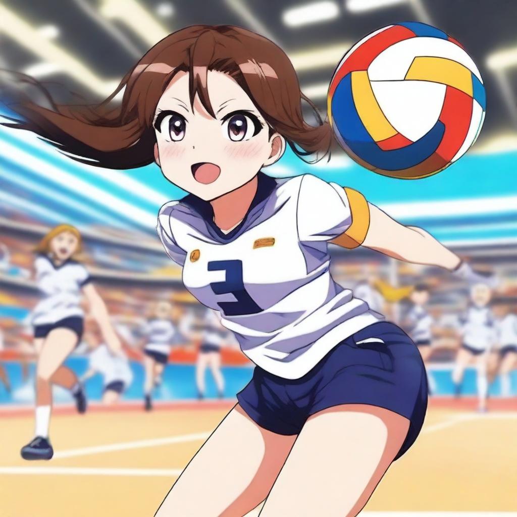 An anime girl wearing a volleyball uniform, featuring a dynamic pose that highlights her athletic build and confidence