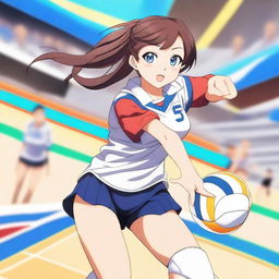 An anime girl wearing a volleyball uniform, featuring a dynamic pose that highlights her athletic build and confidence