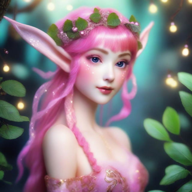 A whimsical elf nymph with a vibrant pink mullet