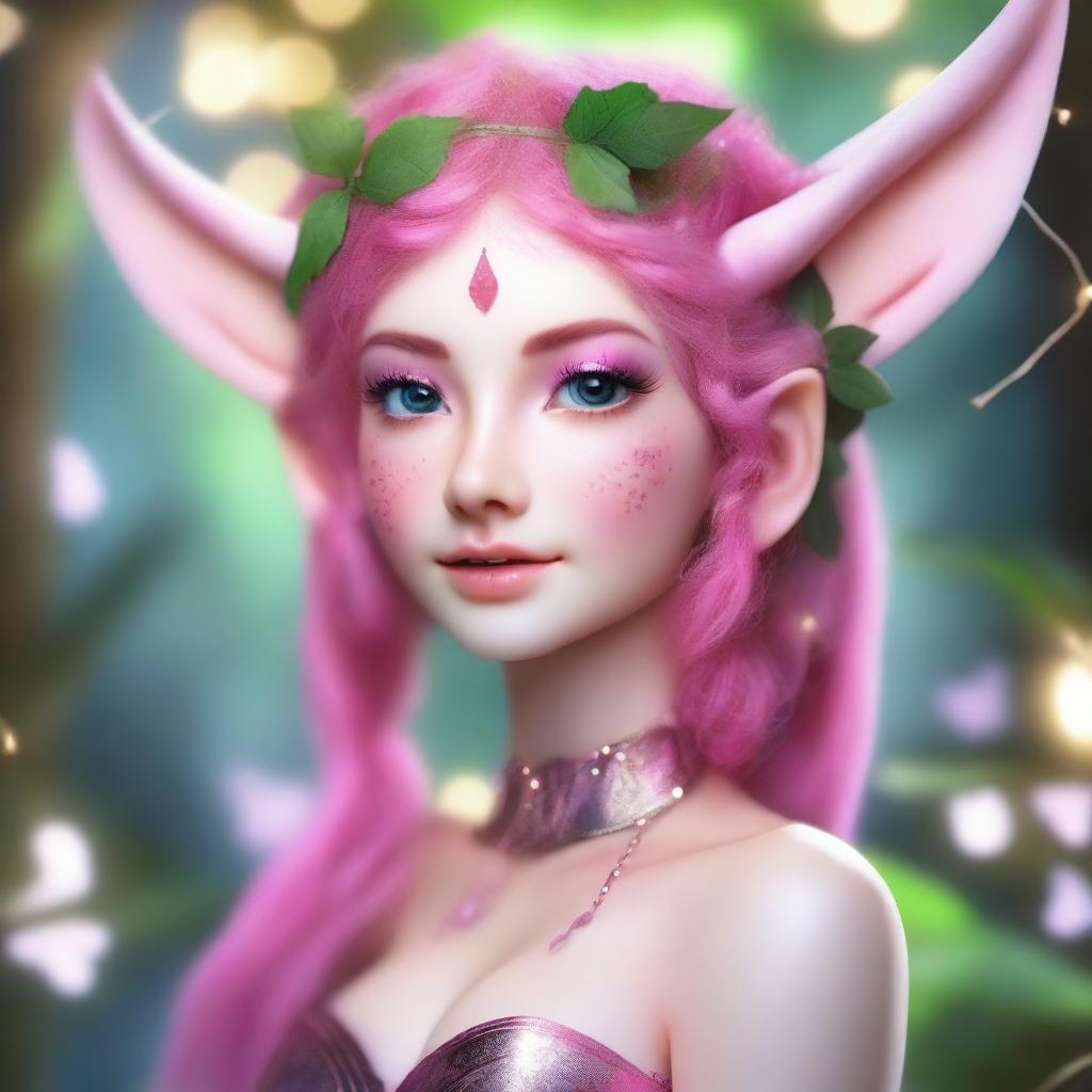 A whimsical elf nymph with a vibrant pink wolfcut hairstyle