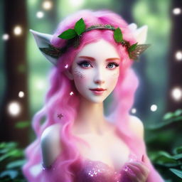 A whimsical elf nymph with a vibrant pink wolfcut hairstyle