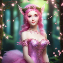 A whimsical elf nymph with a vibrant pink wolfcut hairstyle