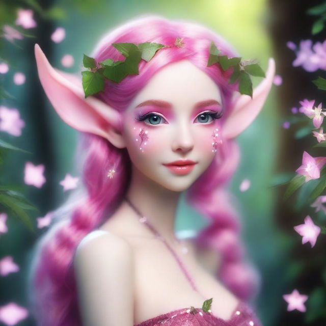 A whimsical elf nymph with a vibrant pink wolfcut hairstyle