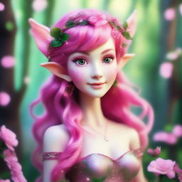 A whimsical elf with a vibrant pink wolfcut hairstyle