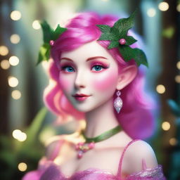 A whimsical elf with a vibrant pink wolfcut hairstyle