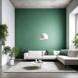 A modern living room with polished concrete flooring, a white piece of furniture, and a green wall