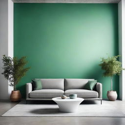 A modern living room with polished concrete flooring, a white piece of furniture, and a green wall