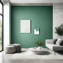 A modern living room with polished concrete flooring, a white piece of furniture, and a green wall