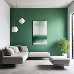 A modern living room with polished concrete flooring, a white piece of furniture, and a green wall