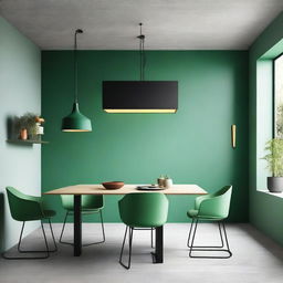 A square dining table with matching green chairs and a green wall