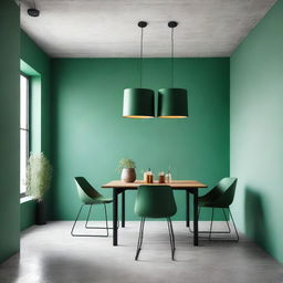 A square dining table with matching green chairs and a green wall