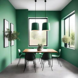 A square dining table with matching green chairs and a green wall