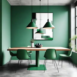 A square dining table with matching green chairs and a green wall