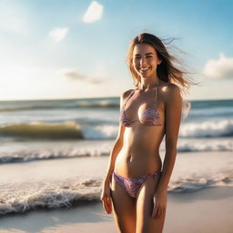 A girl in a micro bikini standing near the beach, with waves gently crashing against the shore in the background