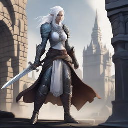 A standing female dragonborn with horns and white hair, wearing chain mail while holding a longsword