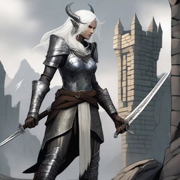 A standing female dragonborn with horns and white hair, wearing chain mail while holding a longsword