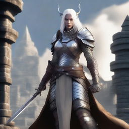 A standing female dragonborn with horns and white hair, wearing chain mail while holding a longsword