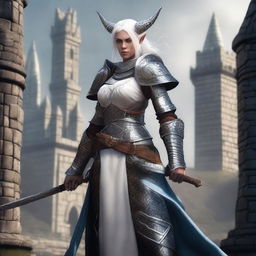 A standing female dragonborn with horns and white hair, wearing chain mail while holding a longsword