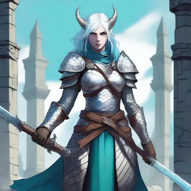 A standing female dragonborn with horns and white and cyan hair, wearing chain mail while holding a longsword