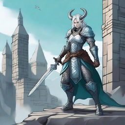 A standing female dragonborn with horns and white and cyan hair, wearing chain mail while holding a longsword