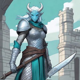 A standing female dragonborn with horns and white and cyan hair, wearing chain mail while holding a longsword