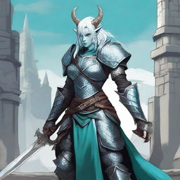 A standing female dragonborn with horns and white and cyan hair, wearing chain mail while holding a longsword