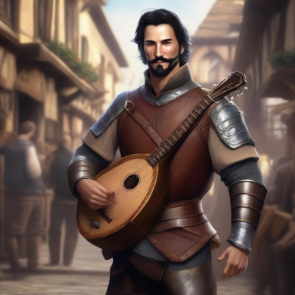 A standing male human bard with short black hair and a thin beard, wearing leather armor while holding a lyre