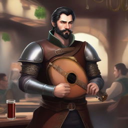 A standing male human bard with short black hair and a thin beard, wearing leather armor while holding a lyre