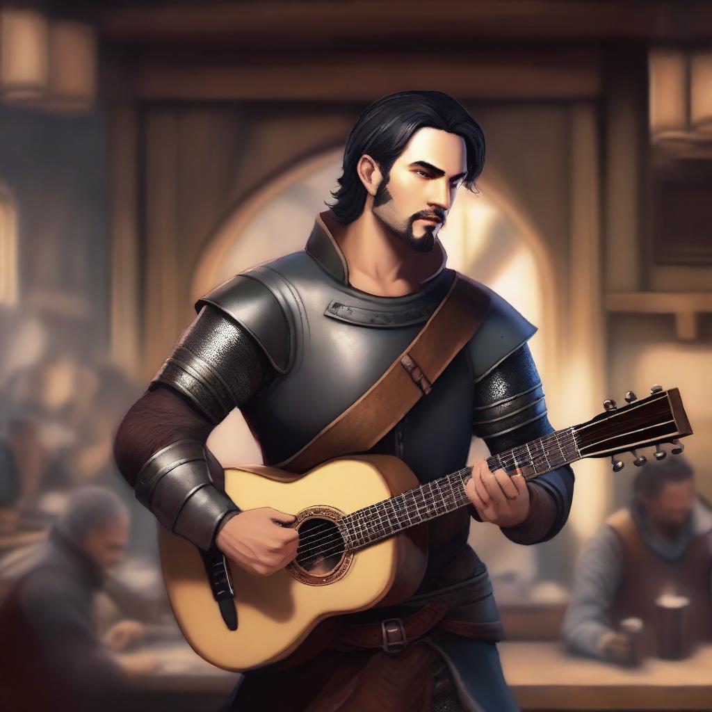 A standing male human bard with short black hair and a thin beard, wearing leather armor while holding a lute