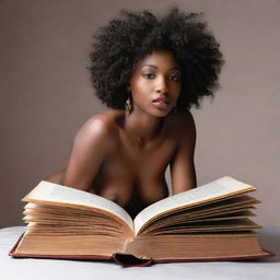 An Afrodisiac Venus woman emerging from an open book, embodying elegance, mystery and allure.