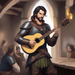 A standing male human bard with short black hair and a thin beard, wearing leather armor while holding a lute