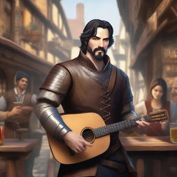 A standing male human bard with short black hair and a thin beard, wearing leather armor while holding a lute