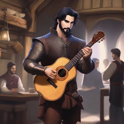 A standing male human bard with short black hair and a thin beard, wearing leather armor while holding a lute