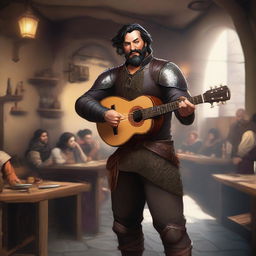 A standing human bard with short black hair and a beard, wearing leather armor while holding a lute