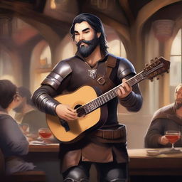 A standing human bard with short black hair and a beard, wearing leather armor while holding a lute