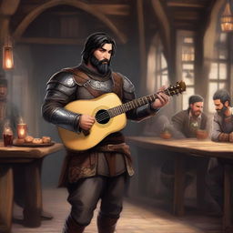 A standing human bard with short black hair and a beard, wearing leather armor while holding a lute