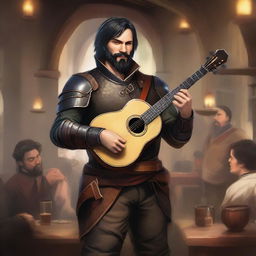 A standing human bard with short black hair and a beard, wearing leather armor while holding a lute