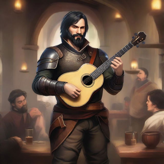 A standing human bard with short black hair and a beard, wearing leather armor while holding a lute