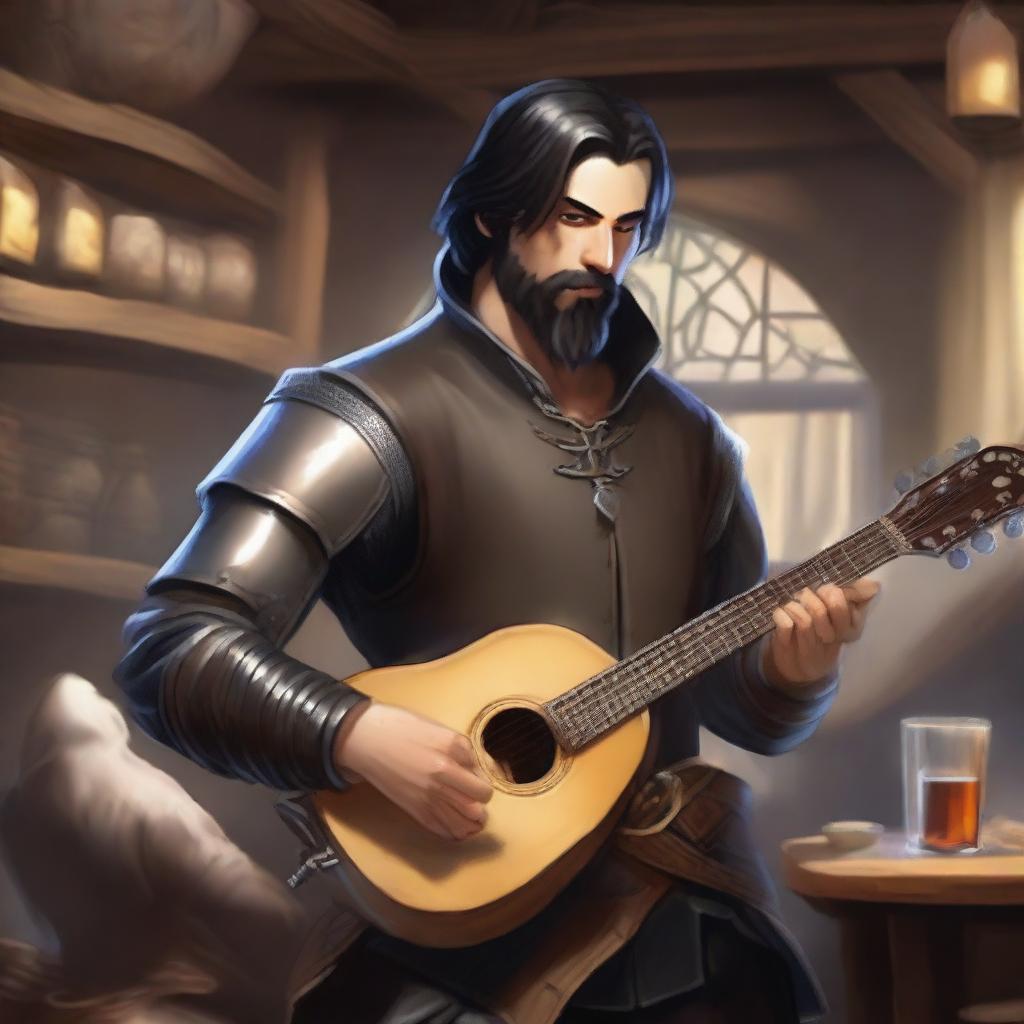 A full-body image of a standing human bard with short black hair and a beard, wearing leather armor while holding a lute